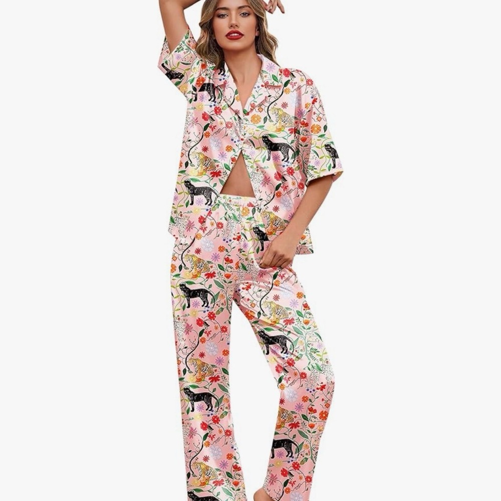 Ekouaer Pink Tiger Satin Floral Print Pajama Set Size Large EUC